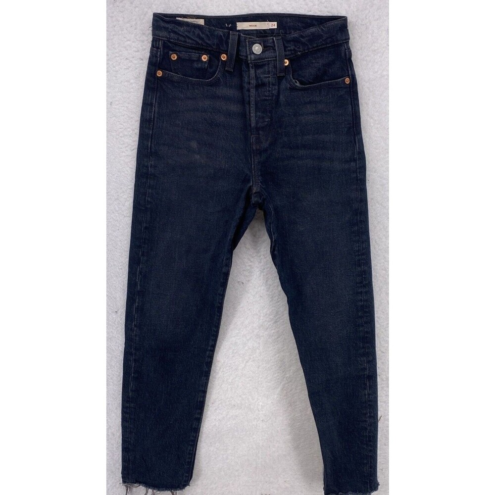 Levi's Premium Wedgie Straight Fit Jeans Dark Wash Raw Hem 24 (Measures 24x28)